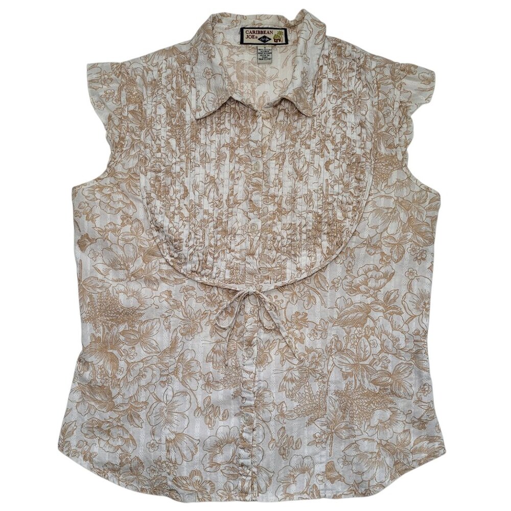 Caribbean Joe Sleeveless Floral Pintuck Blouse Front Tie Womens Small Coastal